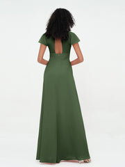 Illusion Neck Chiffon Dresses with Cap Sleeves Olive Green