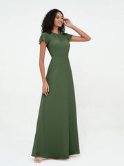 Illusion Neck Chiffon Dresses with Cap Sleeves Olive Green