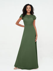 Illusion Neck Chiffon Dresses with Cap Sleeves Olive Green