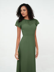 Illusion Neck Chiffon Dresses with Cap Sleeves Olive Green