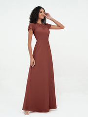 Illusion Neck Chiffon Dresses with Cap Sleeves Terracotta
