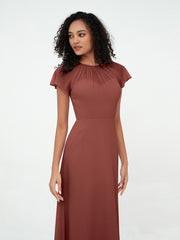 Illusion Neck Chiffon Dresses with Cap Sleeves Terracotta