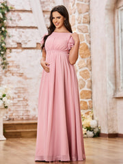 Elegant Empire Flutter Sleeves Floor Length Maxi Chiffon Dresses Dusty Rose