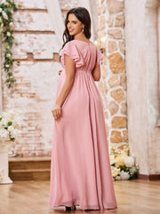 Elegant Empire Flutter Sleeves Floor Length Maxi Chiffon Dresses Dusty Rose
