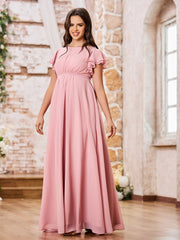 Elegant Empire Flutter Sleeves Floor Length Maxi Chiffon Dresses Dusty Rose