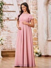Elegant Empire Flutter Sleeves Floor Length Maxi Chiffon Dresses Dusty Rose