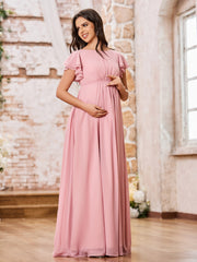 Elegant Empire Flutter Sleeves Floor Length Maxi Chiffon Dresses Dusty Rose