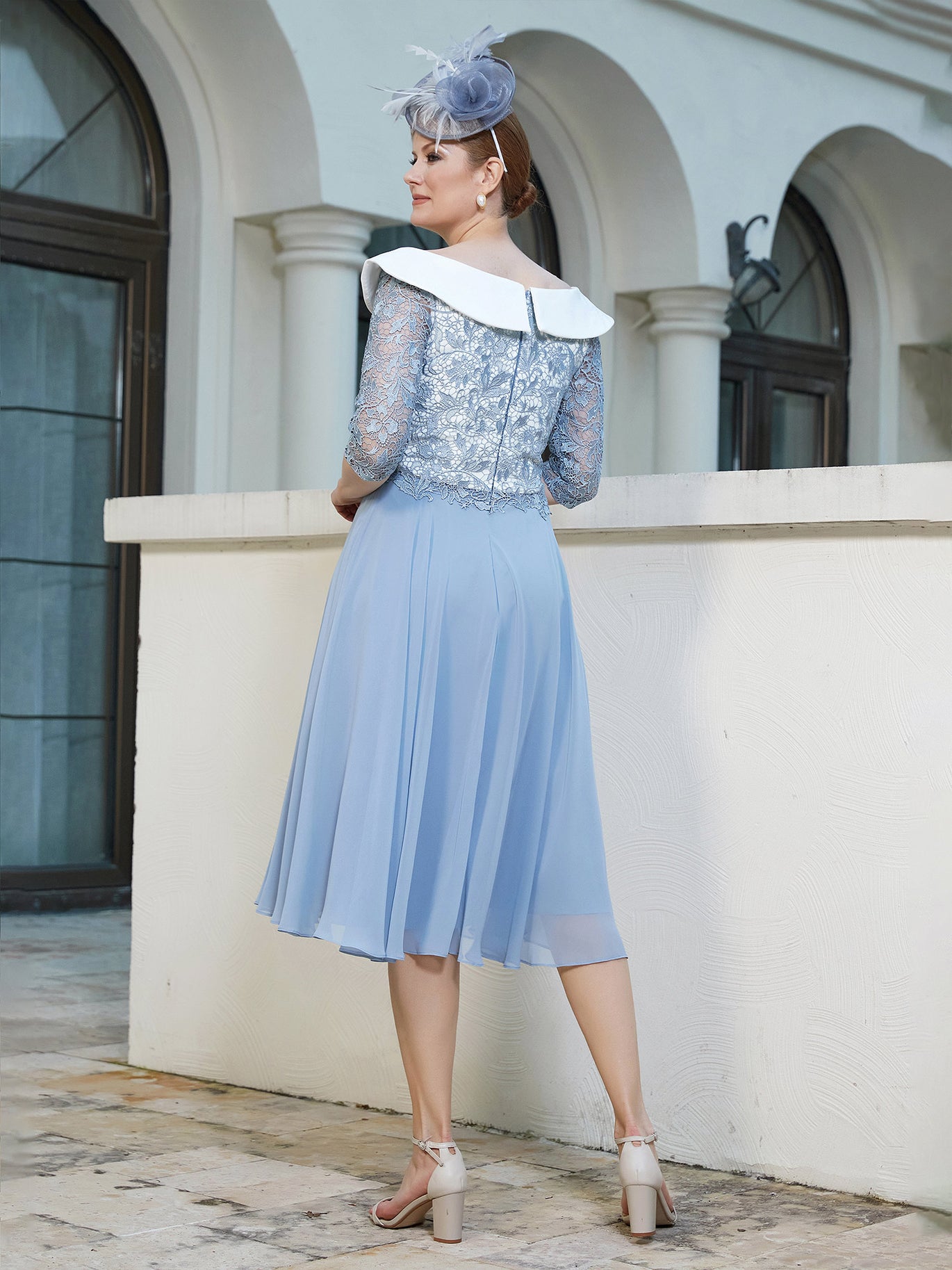 Tea-Length Chiffon Lace Dress Dusty Blue - Dusty Blue / UK4