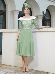Tea-Length Chiffon Lace Dress Dusty Sage