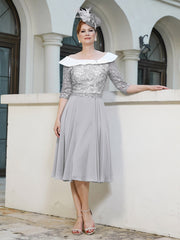 Tea-Length Chiffon Lace Dress Silver
