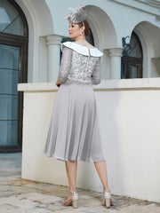 Tea-Length Chiffon Lace Dress Silver