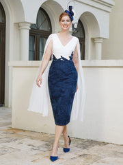 V-Neck Tea-Length Appliqued Dress Dark Navy Plus Size