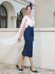 V-Neck Tea-Length Appliqued Dress Dark Navy Plus Size