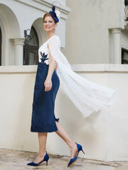 V-Neck Tea-Length Appliqued Dress Dark Navy Plus Size