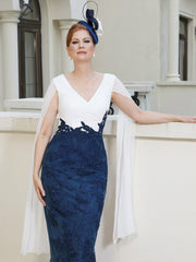 V-Neck Tea-Length Appliqued Dress Dark Navy Plus Size