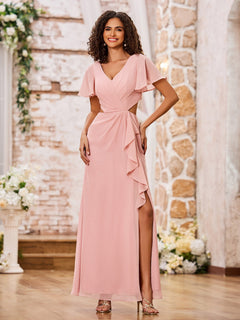 Charming V-neck Cap Sleeves Open Back Maxi Dresses with Slit Flamingo