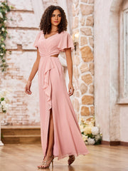 Charming V-neck Cap Sleeves Open Back Maxi Dresses with Slit Dusty Rose