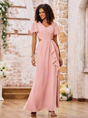 Charming V-neck Cap Sleeves Open Back Maxi Dresses with Slit Dusty Rose