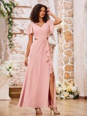 Charming V-neck Cap Sleeves Open Back Maxi Dresses with Slit Dusty Rose
