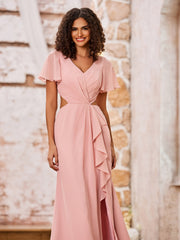 Charming V-neck Cap Sleeves Open Back Maxi Dresses with Slit Dusty Rose