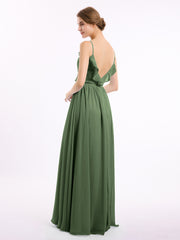 V-neck Chiffon Bridesmaid Gowns with Spaghetti Straps Olive Green