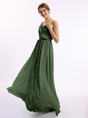 V-neck Chiffon Bridesmaid Gowns with Spaghetti Straps Olive Green