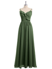 V-neck Chiffon Bridesmaid Gowns with Spaghetti Straps Olive Green