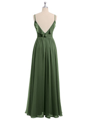 V-neck Chiffon Bridesmaid Gowns with Spaghetti Straps Olive Green