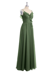 V-neck Chiffon Bridesmaid Gowns with Spaghetti Straps Olive Green