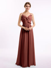 V-neck Chiffon Bridesmaid Gowns with Spaghetti Straps Terracotta
