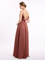 V-neck Chiffon Bridesmaid Gowns with Spaghetti Straps Terracotta