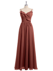 V-neck Chiffon Bridesmaid Gowns with Spaghetti Straps Terracotta