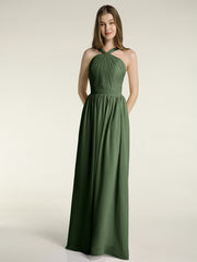 Full Skit Chiffon Bridesmaid Dress with Y Neck Olive Green