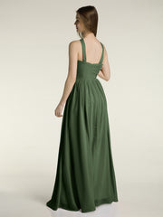 Full Skit Chiffon Bridesmaid Dress with Y Neck Olive Green