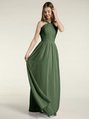 Full Skit Chiffon Bridesmaid Dress with Y Neck Olive Green