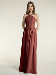 Full Skit Chiffon Bridesmaid Dress with Y Neck Terracotta