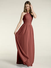 Full Skit Chiffon Bridesmaid Dress with Y Neck Terracotta