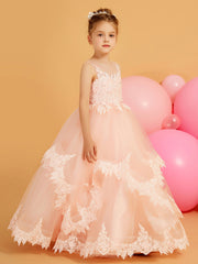 Ball-Gown Flower Girl Dress with Lace Edge Hem Pearl Pink