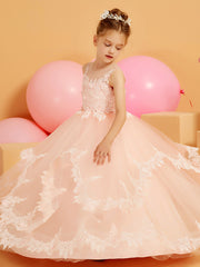 Ball-Gown Flower Girl Dress with Lace Edge Hem Pearl Pink