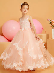 Ball-Gown Flower Girl Dress with Lace Edge Hem Pearl Pink
