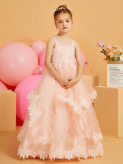 Ball-Gown Flower Girl Dress with Lace Edge Hem Pearl Pink