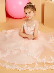 Ball-Gown Flower Girl Dress with Lace Edge Hem Pearl Pink