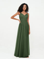Tulle Pleated Bodice Spaghetti Straps Dresses Olive Green