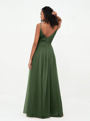 Tulle Pleated Bodice Spaghetti Straps Dresses Olive Green