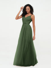 Tulle Pleated Bodice Spaghetti Straps Dresses Olive Green