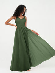 Tulle Pleated Bodice Spaghetti Straps Dresses Olive Green
