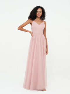 Tulle Pleated Bodice Spaghetti Straps Dresses Dusty Rose