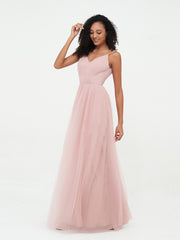 Tulle Pleated Bodice Spaghetti Straps Dresses Dusty Rose