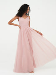 Tulle Pleated Bodice Spaghetti Straps Dresses Dusty Rose