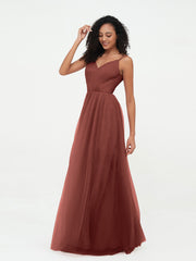 Tulle Pleated Bodice Spaghetti Straps Dresses Terracotta